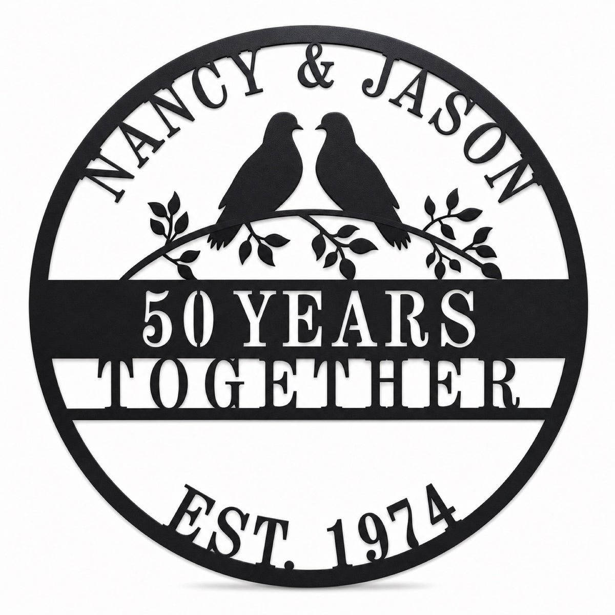 Custom round metal anniversary sign with two lovebirds on branches, personalized with names, years together, and established date.