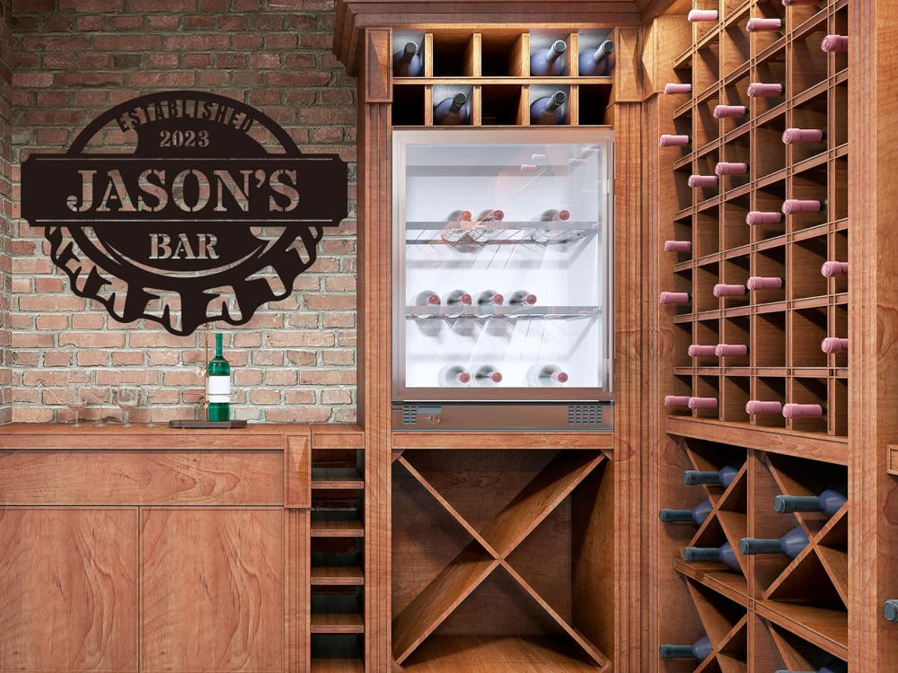 Custom steel bar sign with name and established year text, shaped like a bottle cap, personalized metal wall decor for home bars