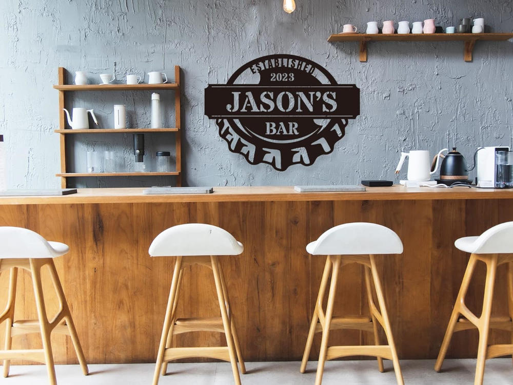 Custom steel bar sign with name and established year text, shaped like a bottle cap, personalized metal wall decor for home bars