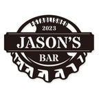 Custom steel bar sign with name and established year text, shaped like a bottle cap, personalized metal wall decor for home bars
