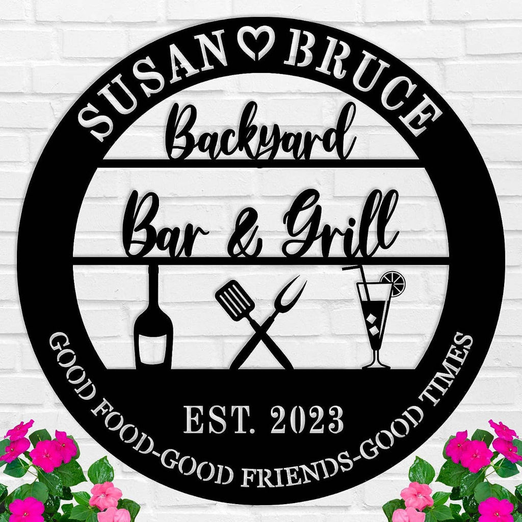 Custom metal backyard bar and grill sign with names, drinks, and utensils, personalized outdoor décor