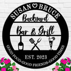 Custom metal backyard bar and grill sign with names, drinks, and utensils, personalized outdoor décor