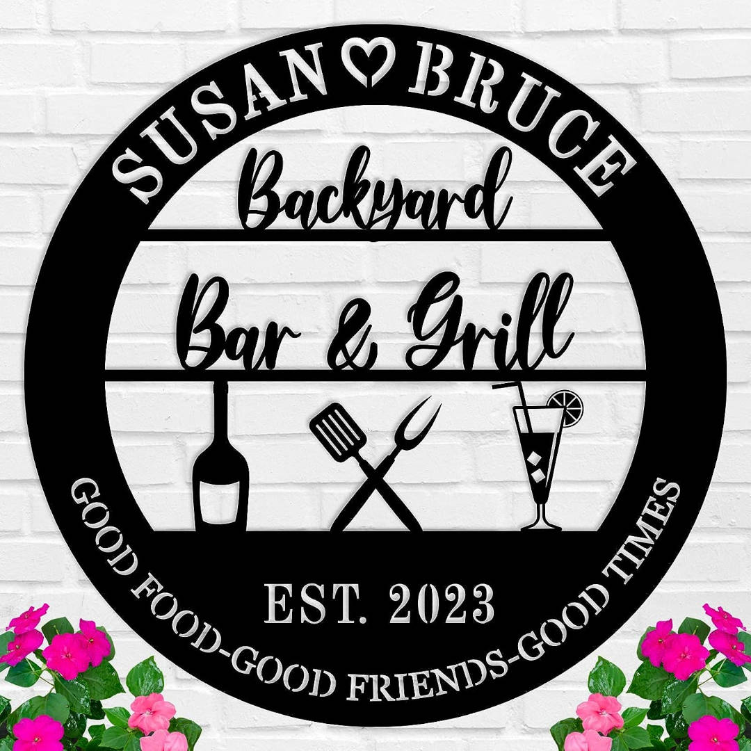 Custom metal backyard bar and grill sign with names, drinks, and utensils, personalized outdoor décor