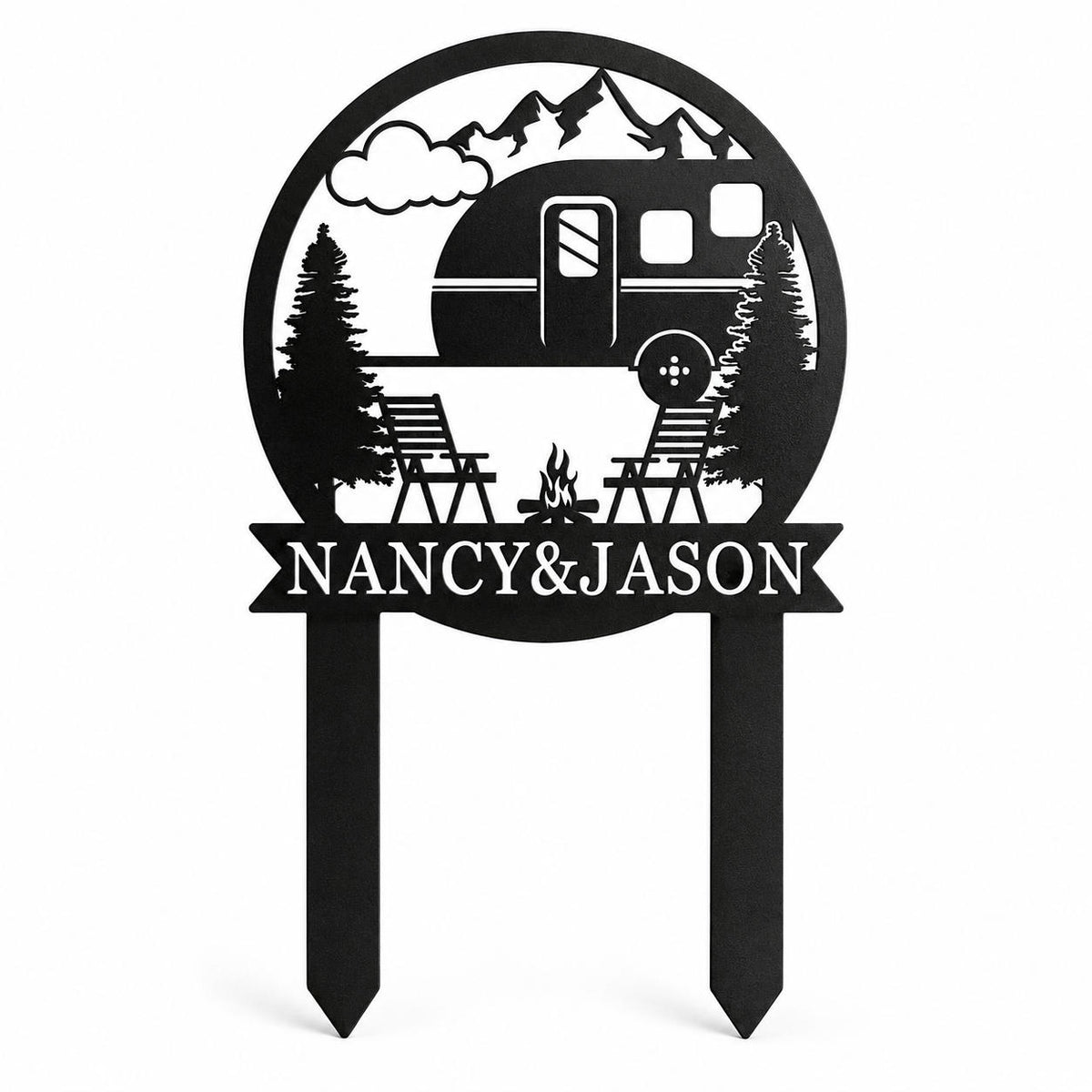 Personalized RV camping metal yard stake sign with custom family name, powder coated matte black finish, isolated on a white background. Main image