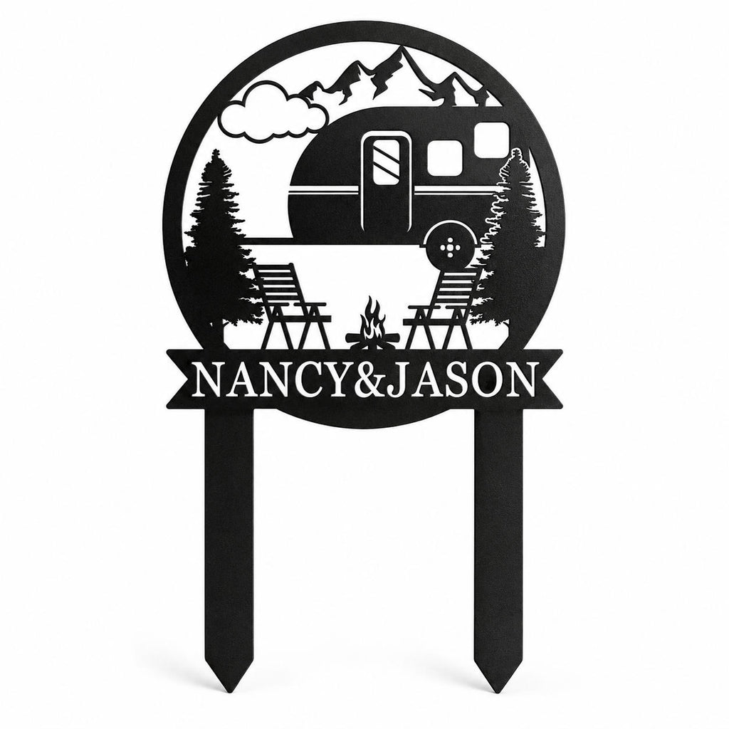 Personalized RV camping metal yard stake sign with custom family name, powder coated matte black finish, isolated on a white background.