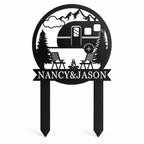 Personalized RV camping metal yard stake sign with custom family name, powder coated matte black finish, isolated on a white background.