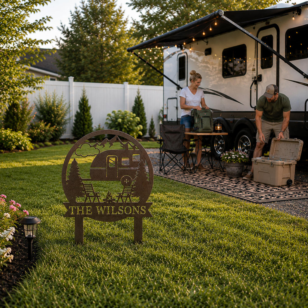 Personalized RV camper metal yard sign in bronze powder coated finish installed in a backyard RV parking area with a couple preparing camping gear.