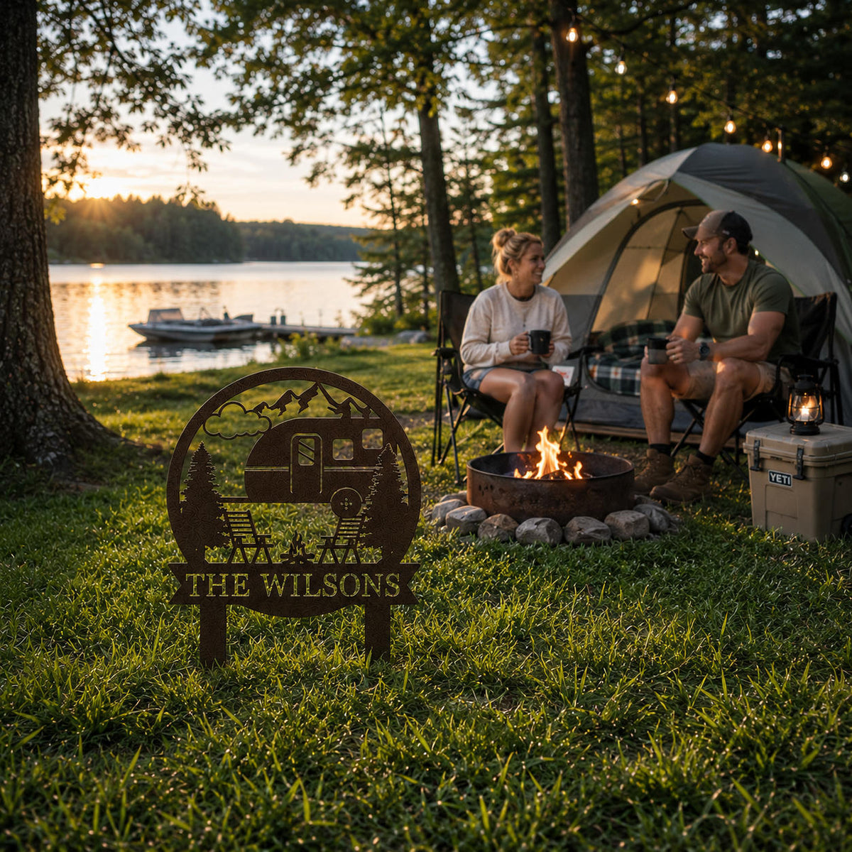 Custom camping metal yard stake sign installed beside a lakeside campsite with campfire, tent, and personalized family name design.