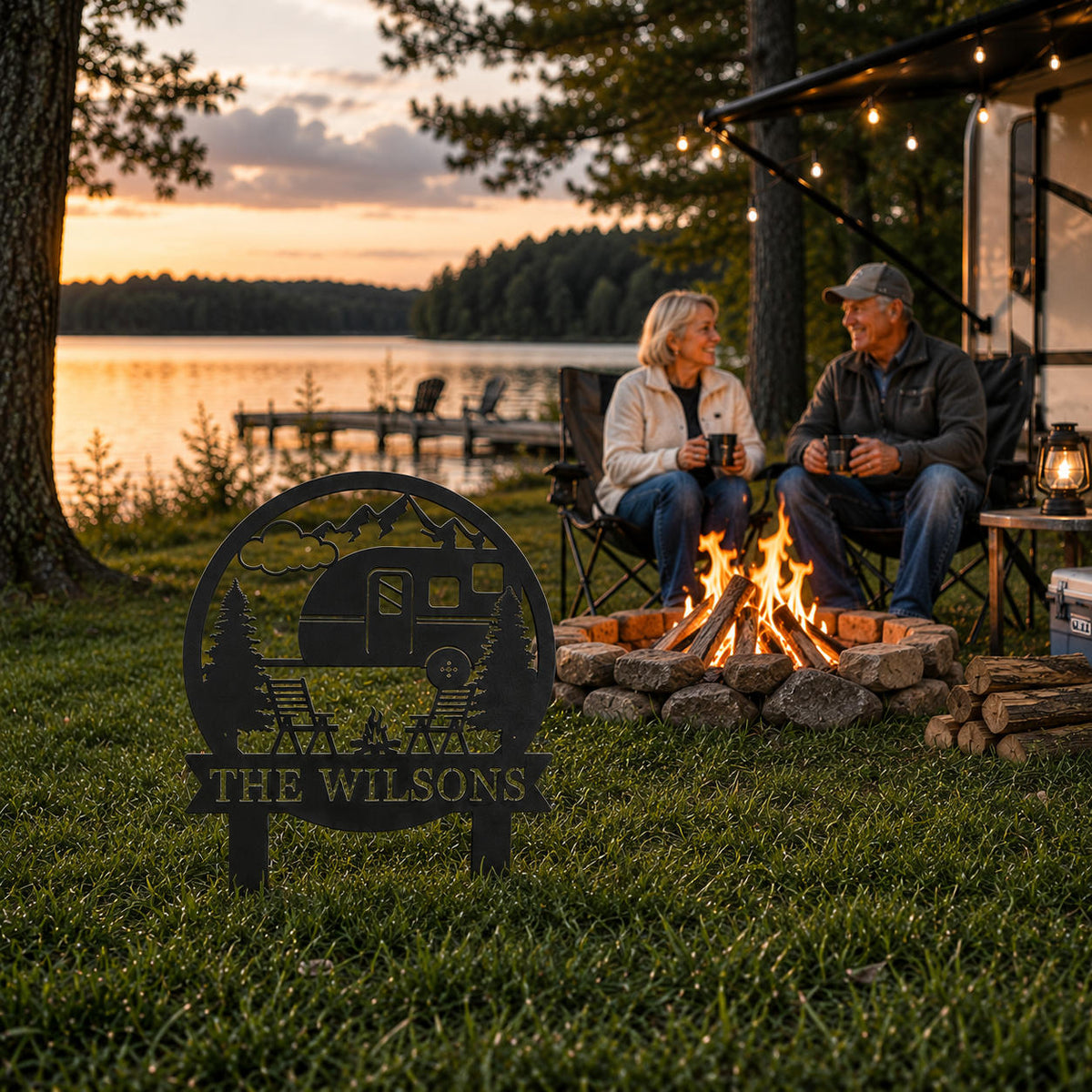 Personalized RV camping metal yard sign with matte black finish displayed beside a campfire where a retired couple enjoys a relaxing lakeside evening.