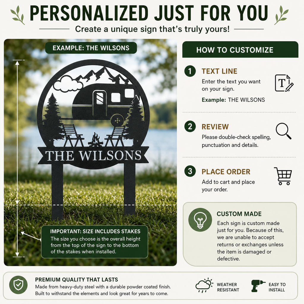 Customization guide for a personalized RV camping metal sign showing custom text instructions and size measurement including the ground stakes.