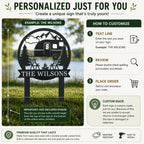 Customization guide for a personalized RV camping metal sign showing custom text instructions and size measurement including the ground stakes.