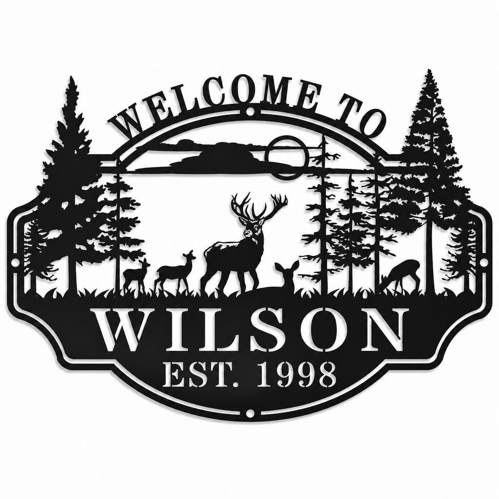Personalized deer metal welcome sign with custom family name and established year, custom steel wall decor for cabin, lake house, farm and hunting lodge