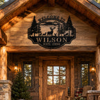 Custom deer metal welcome sign mounted on rustic cabin porch, personalized family name sign for woodland retreat, hunting lodge and mountain cabin decor