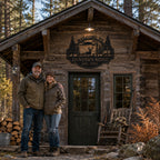 Custom hunting lodge metal sign with deer silhouette and family name, personalized outdoor steel wall decor for cabin entrance