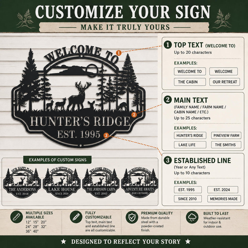 Customization guide for personalized deer metal sign showing custom top text, family name and bottom text options for cabin, farm and lake house decor
