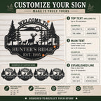 Customization guide for personalized deer metal sign showing custom top text, family name and bottom text options for cabin, farm and lake house decor