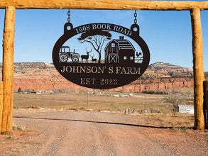 Custom metal farm sign with tractor, barn, deer, and tree design