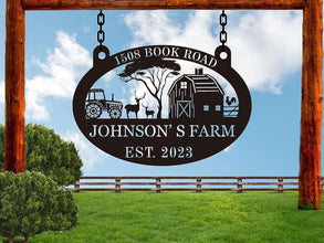 Custom metal farm sign with tractor, barn, deer, and tree design