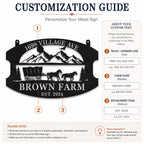 Customization guide showing where to personalize the address, farm name, and established year on a metal farm sign.