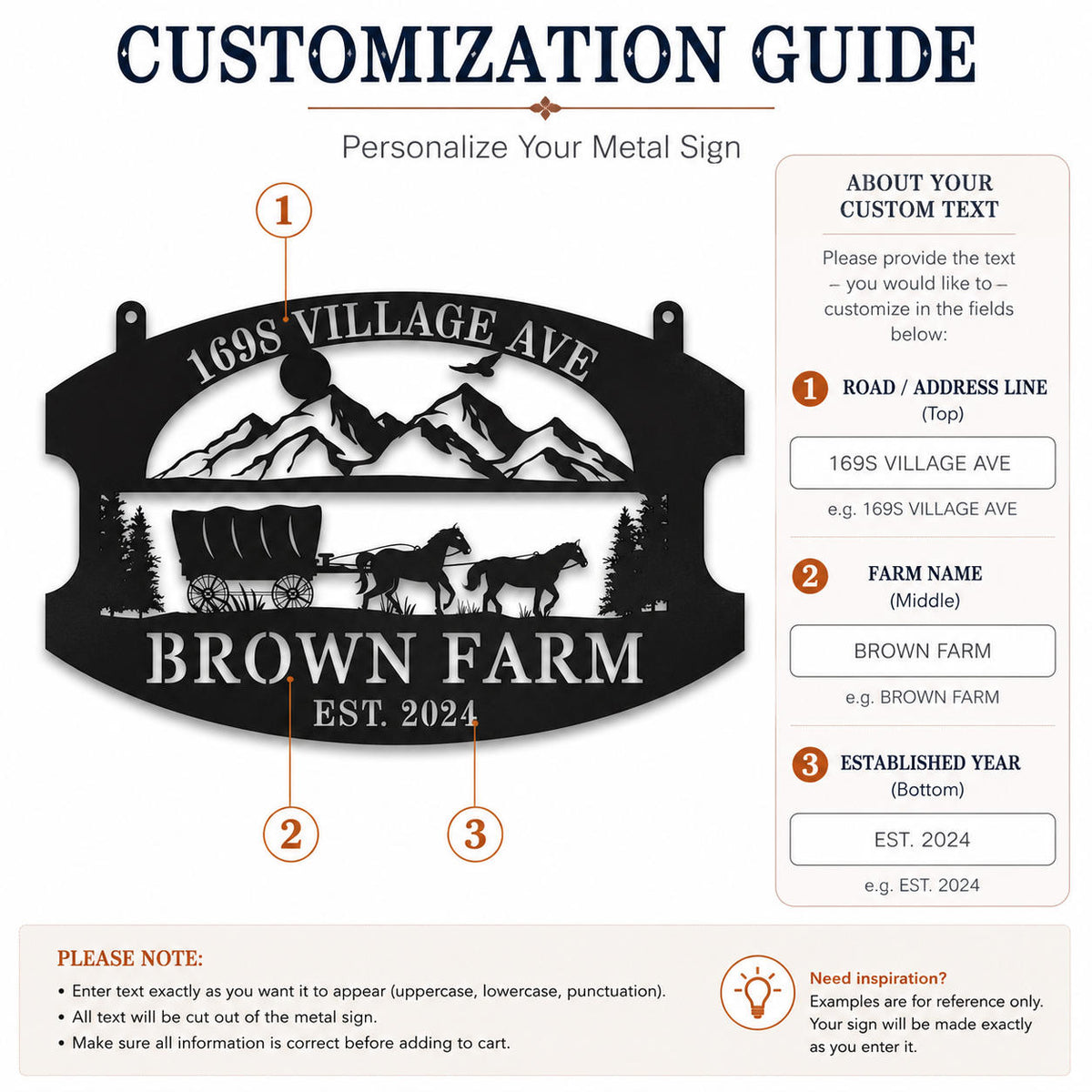 Customization guide showing where to personalize the address, farm name, and established year on a metal farm sign.