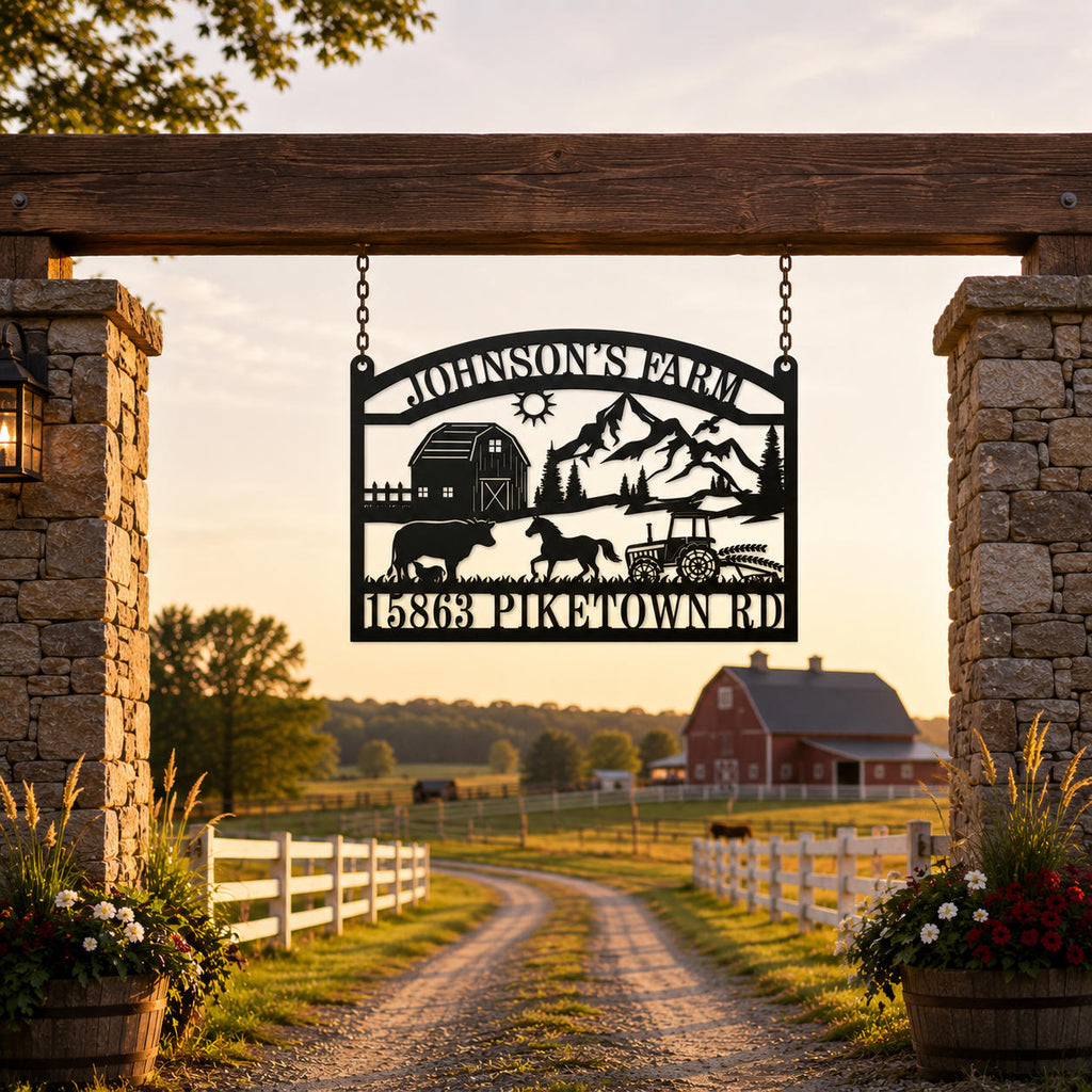 Custom metal farm sign hanging from a rustic wooden farm entrance with stone pillars, white fencing, and countryside barn at sunset.