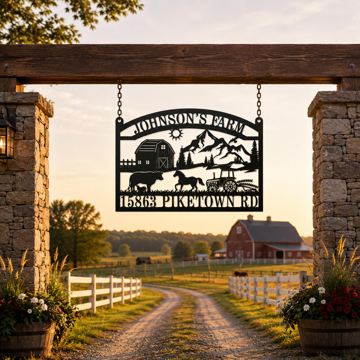 Custom metal farm sign hanging from a rustic wooden farm entrance with stone pillars, white fencing, and countryside barn at sunset.