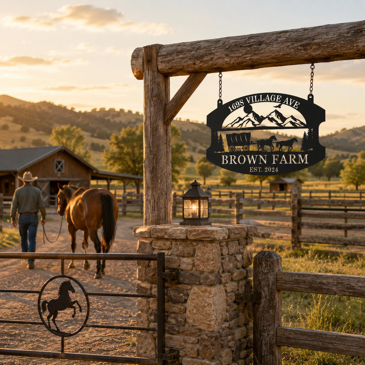 Custom metal farm sign displayed at a horse ranch entrance with barns, fences, and horses in the background.