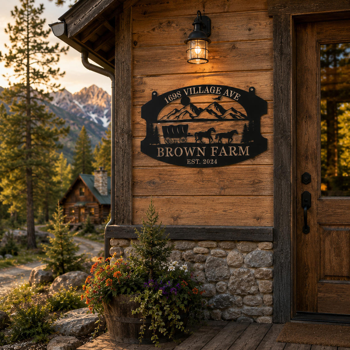 Personalized metal farm sign mounted on a rustic mountain cabin wall with forest and mountain views.