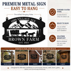 Premium personalized metal farm sign with pre-drilled hanging holes, powder-coated steel, and weather-resistant finish.