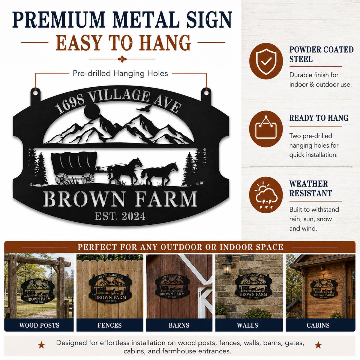 Premium personalized metal farm sign with pre-drilled hanging holes, powder-coated steel, and weather-resistant finish.