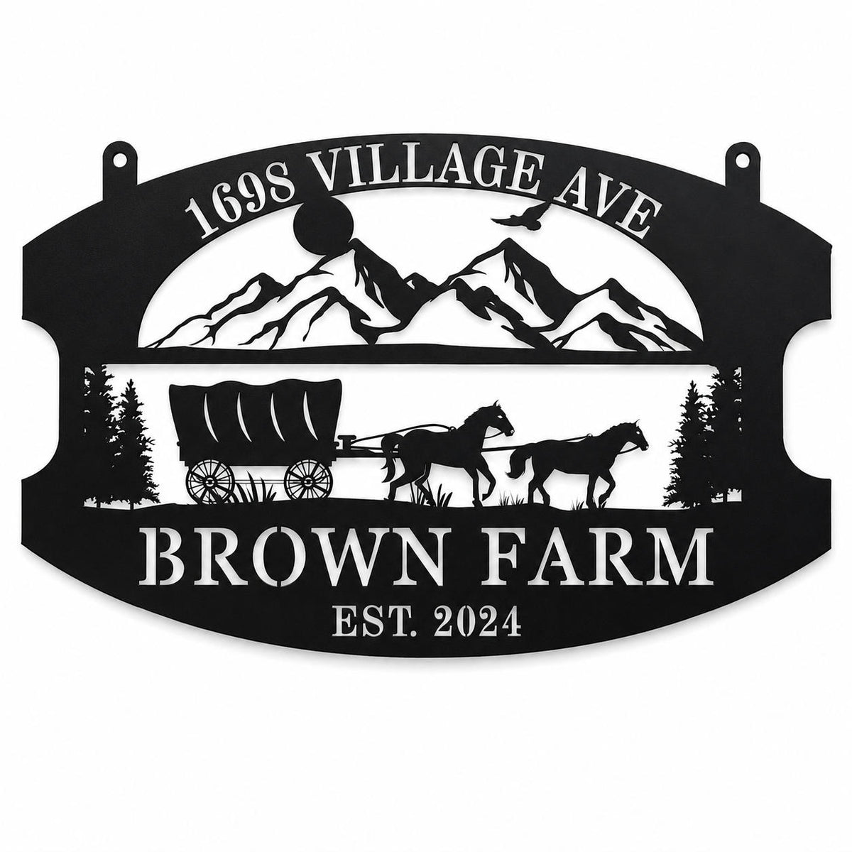 Personalized black metal farm sign isolated on a white background. Main image
