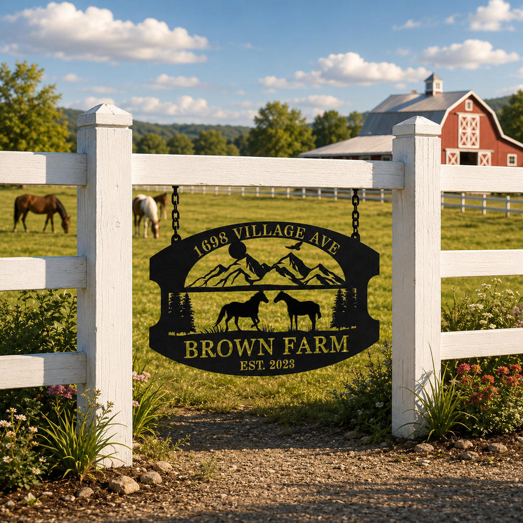 Custom black metal farm sign hanging on a white wooden fence with horses grazing and a red barn in the background.