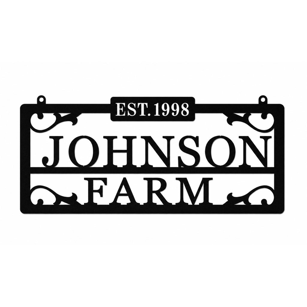 Personalized Johnson Farm metal sign with established year and decorative scrollwork on a white background.