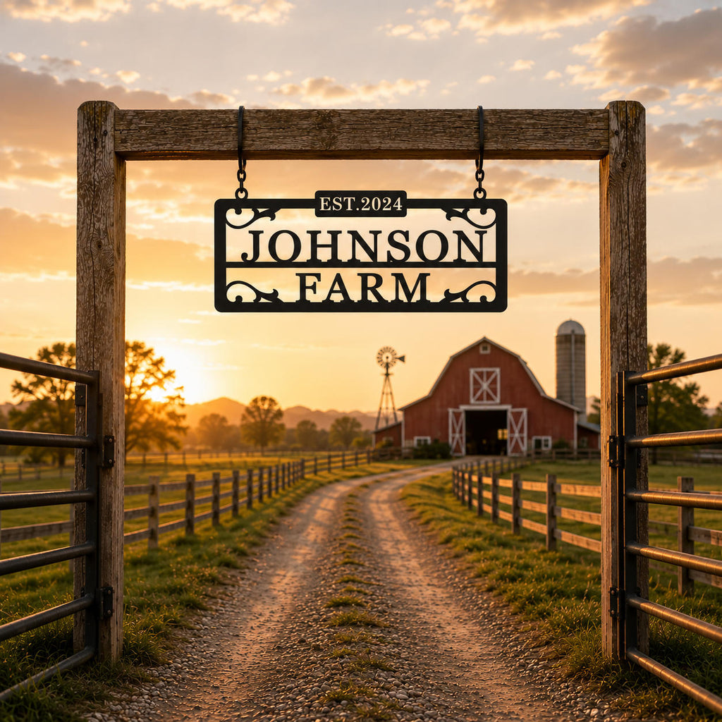 Custom Johnson Farm metal sign mounted on a wooden ranch gate at sunset with open farmland in the background.