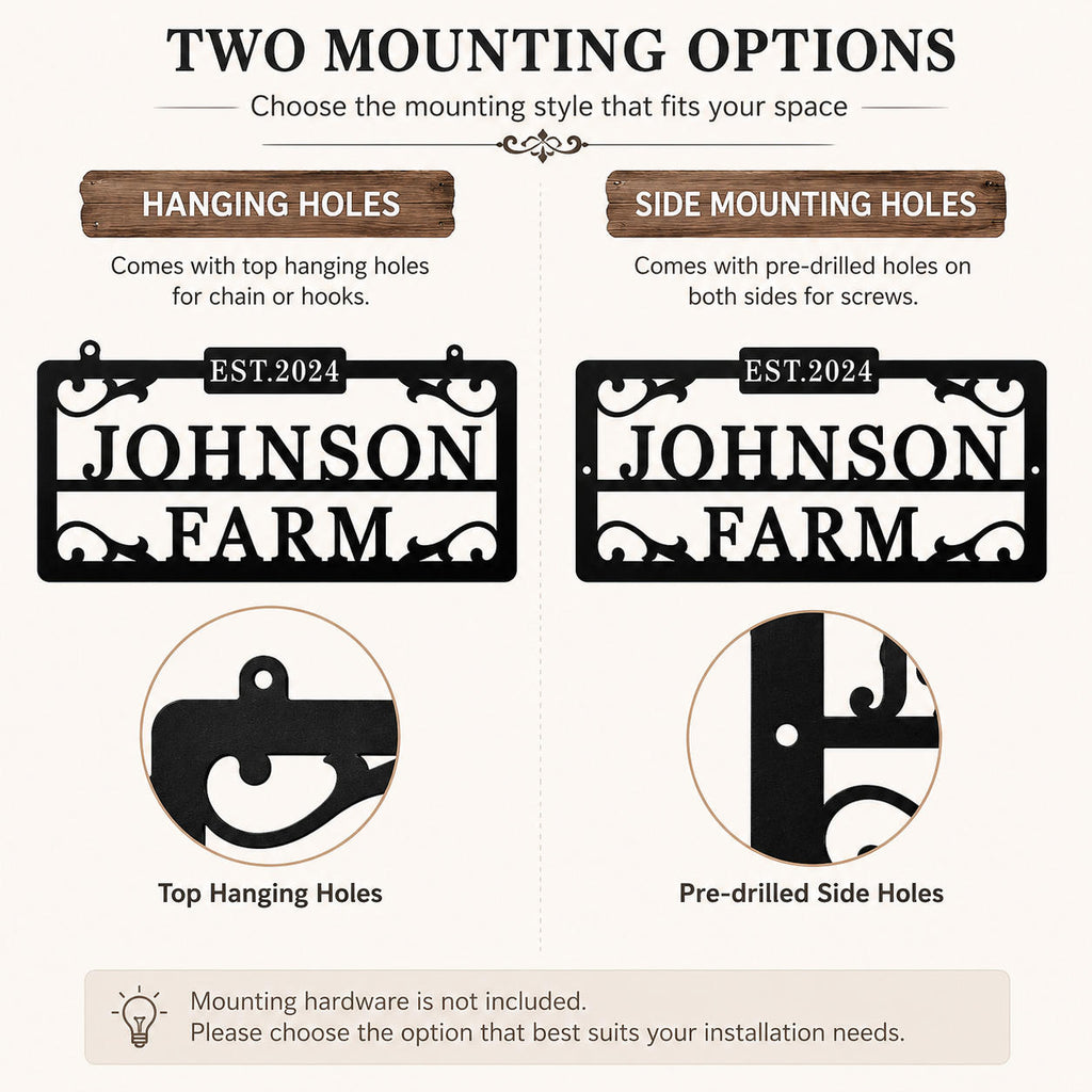 Comparison of no-hole, four-corner hole, and top hanging loop mounting options for a custom metal farm sign.