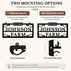 Comparison of no-hole, four-corner hole, and top hanging loop mounting options for a custom metal farm sign.