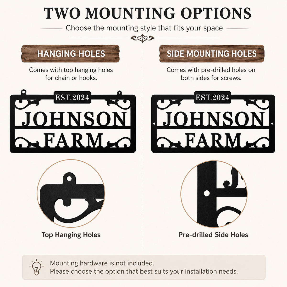Comparison of no-hole, four-corner hole, and top hanging loop mounting options for a custom metal farm sign.