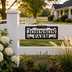 Personalized farm metal sign attached to a white ranch fence beside a horse pasture.