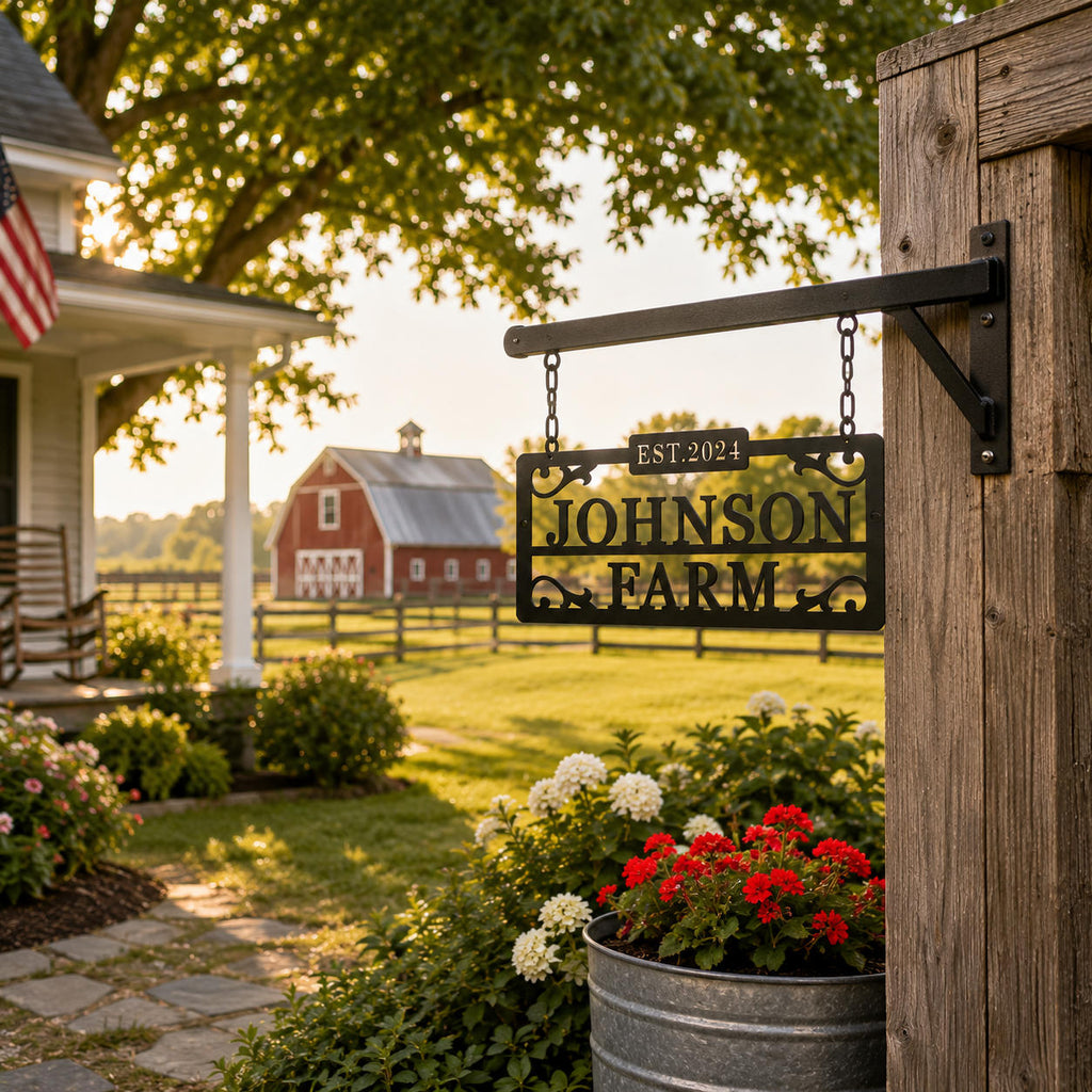 Custom farmhouse metal sign hanging from chains on a rustic front porch.
