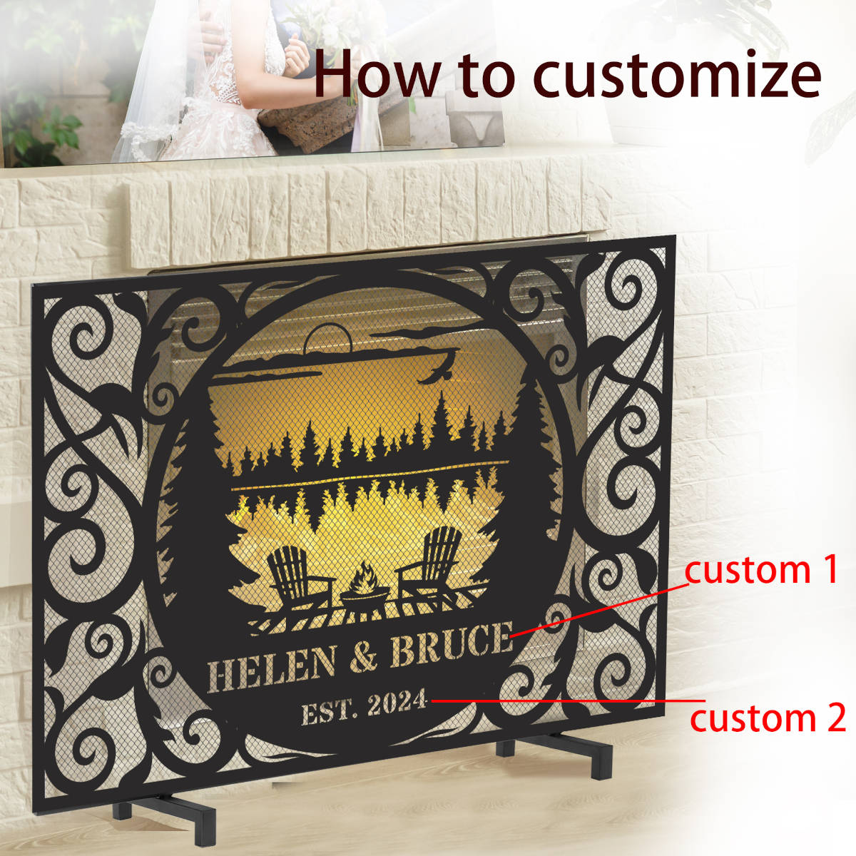 Custom laser-cut metal fireplace screen with personalized family name and lakehouse cabin design in front of a burning fireplace.