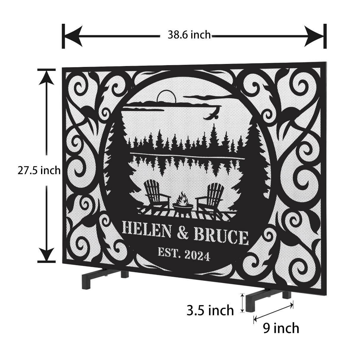 Custom laser-cut metal fireplace screen with personalized family name and lakehouse cabin design in front of a burning fireplace.