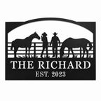 Personalized horse ranch metal sign with cowboy couple and horses on a clean white background