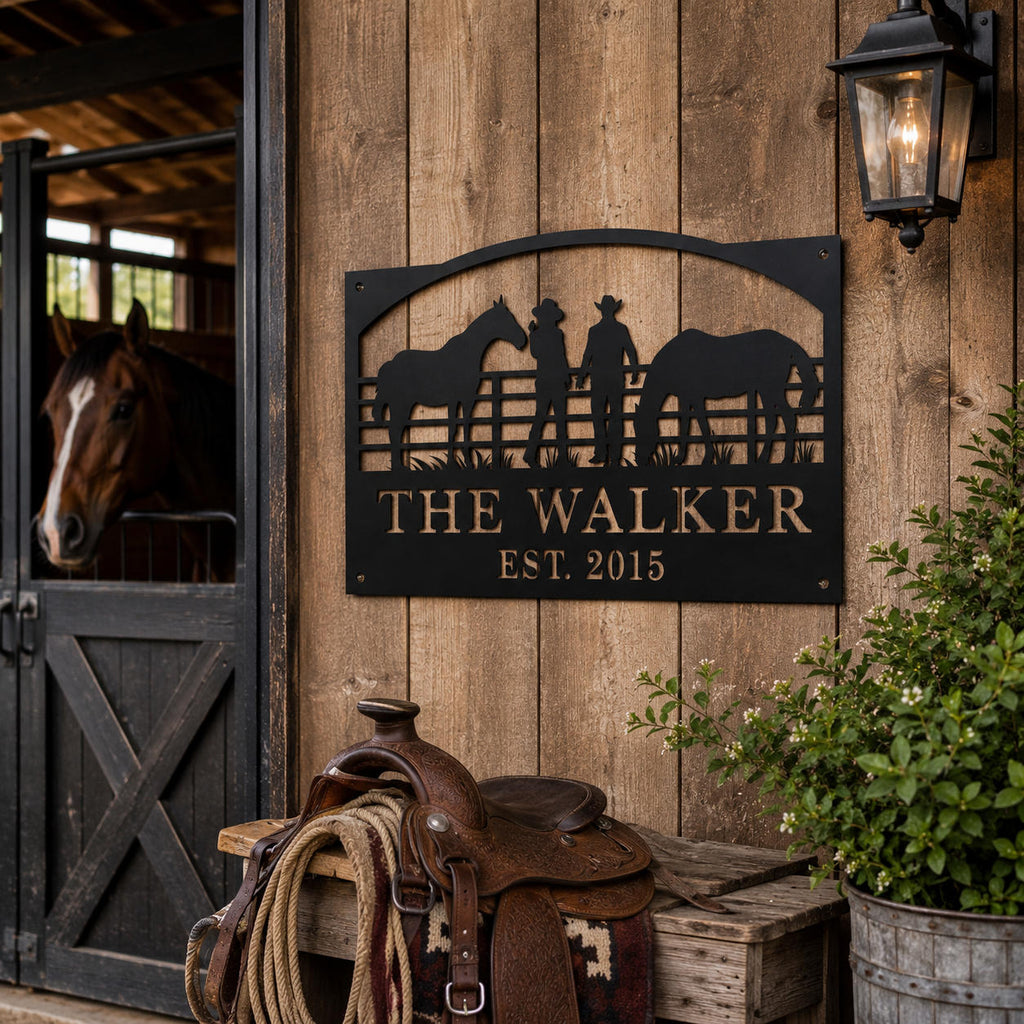 Personalized horse ranch metal sign mounted on a rustic wooden horse barn wall
