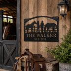 Personalized horse ranch metal sign mounted on a rustic wooden horse barn wall