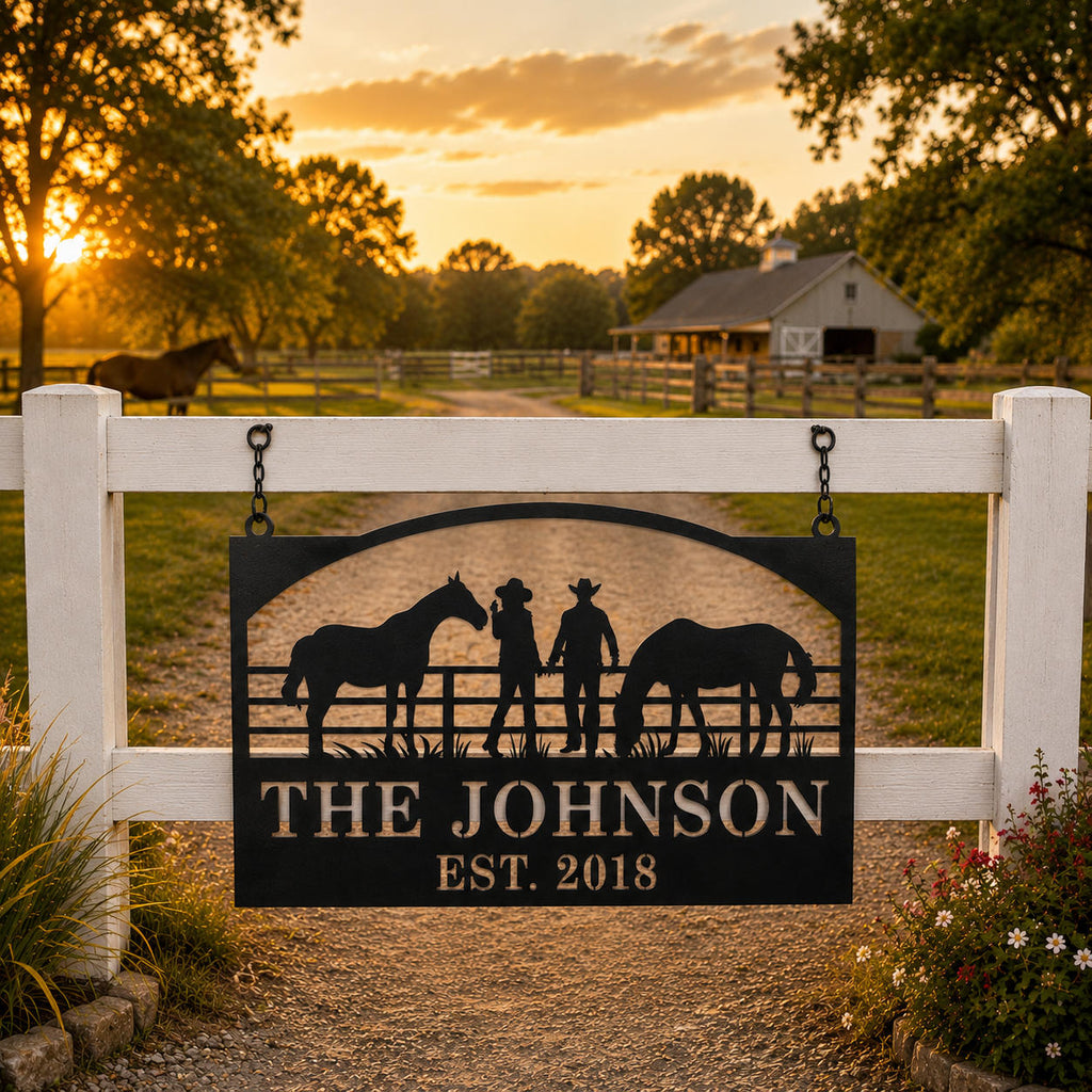 Custom horse ranch metal sign mounted on a white fence at a countryside farm entrance with horses in the background