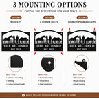 Comparison chart showing no holes, four corner holes, and top hanging loop mounting options for a custom metal ranch sign