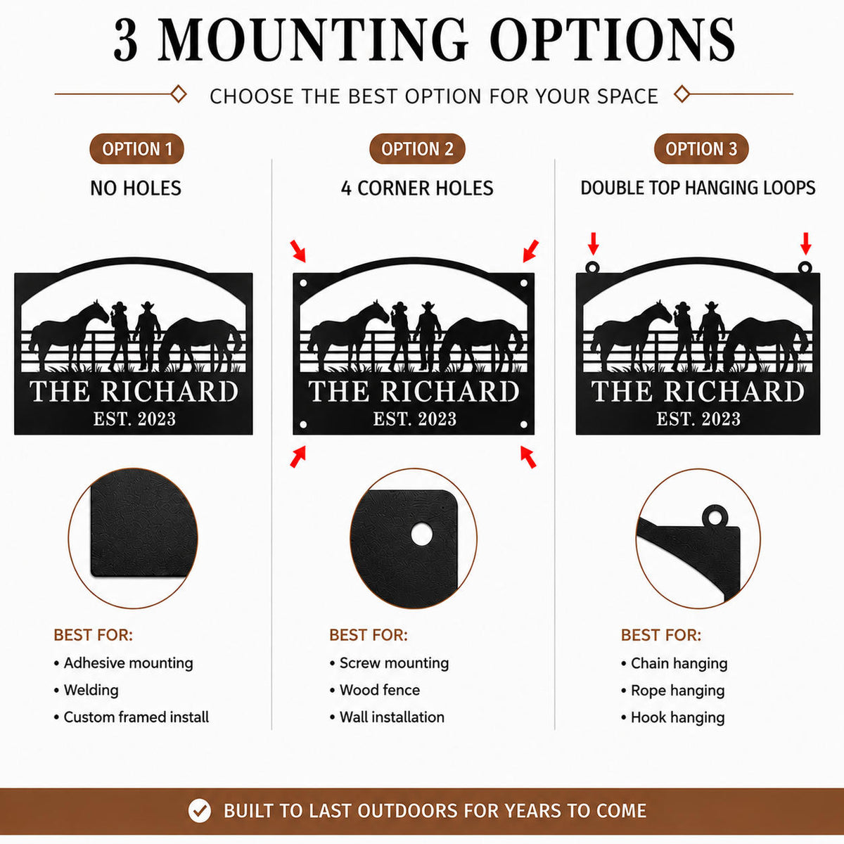 Comparison chart showing no holes, four corner holes, and top hanging loop mounting options for a custom metal ranch sign