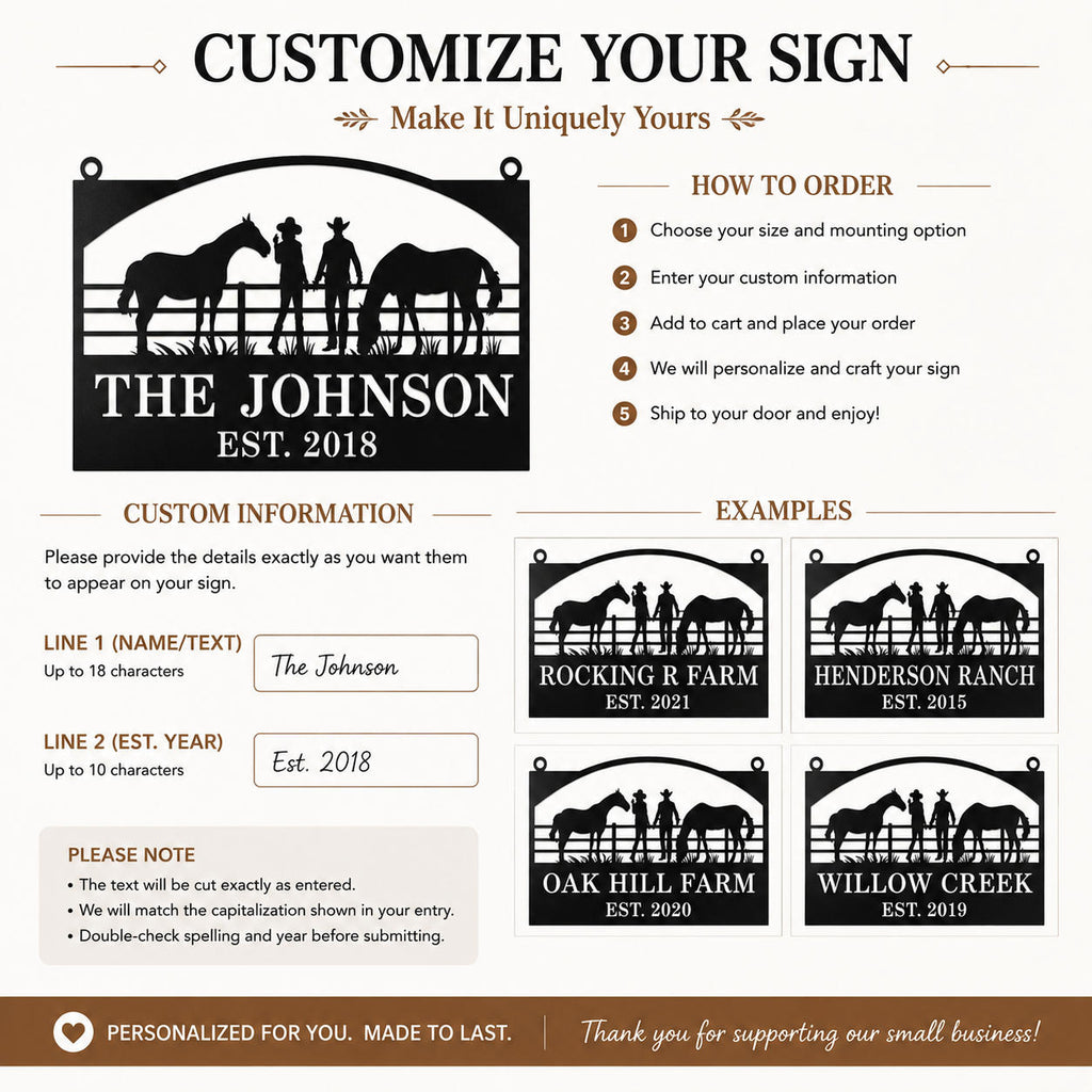 Customization guide showing family name and established year options for a horse ranch metal sign