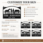 Customization guide showing family name and established year options for a horse ranch metal sign