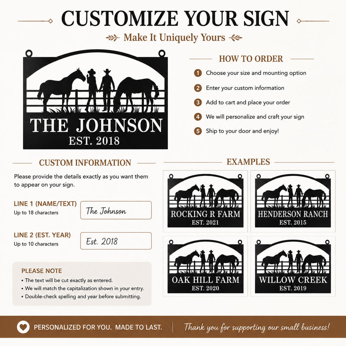 Customization guide showing family name and established year options for a horse ranch metal sign